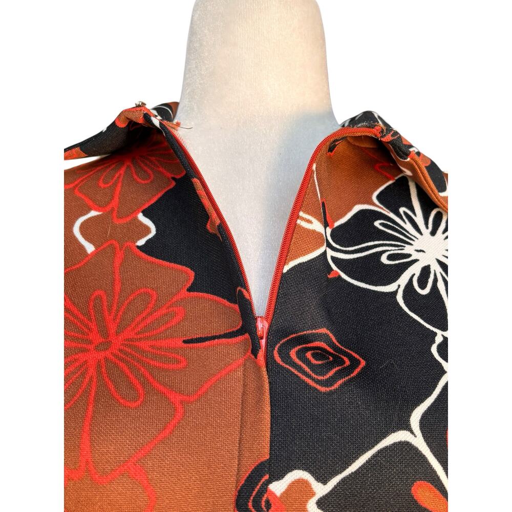 Sears Fashions Mod Floral Mini Dress Orange Black 60s 70s A Line Short Sleeve - Picture 8 of 11